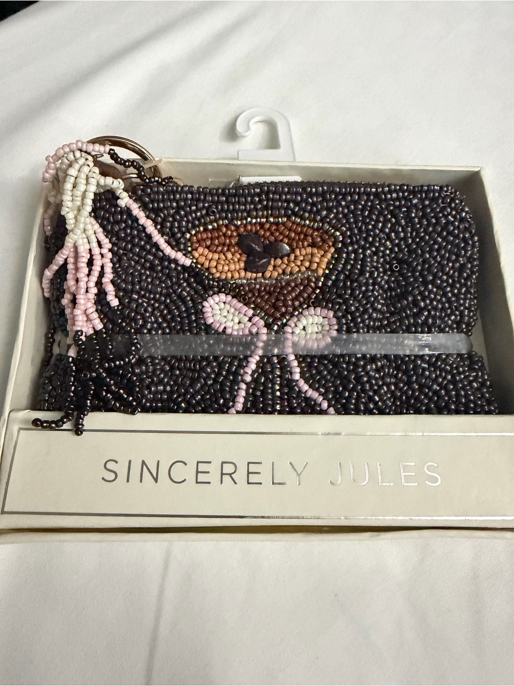 Sincerely Jules Espresso Martini Black Beaded Floral Clutch with Pink Tassel